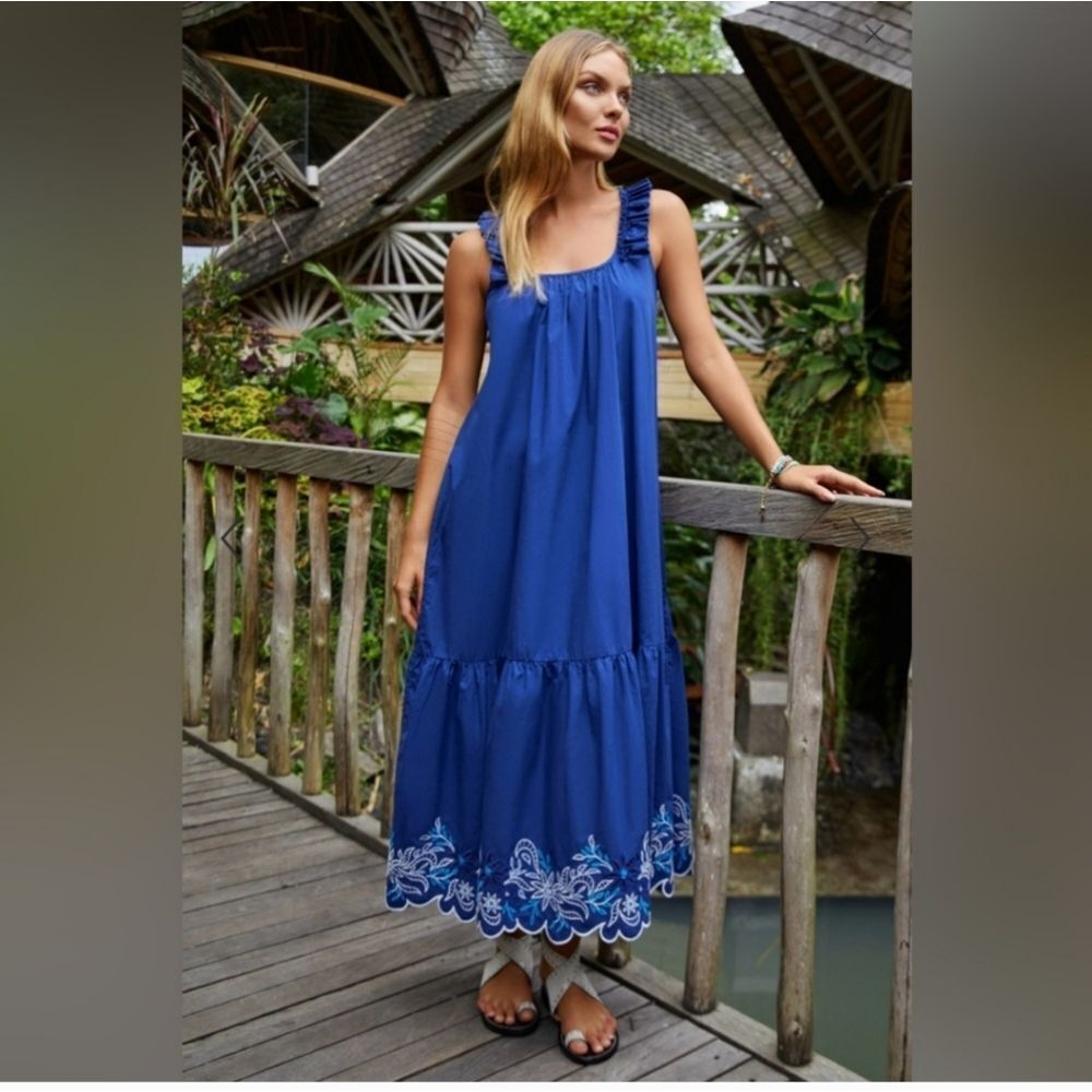 Johnny Was Blue Maxi Dress with White Embroidery